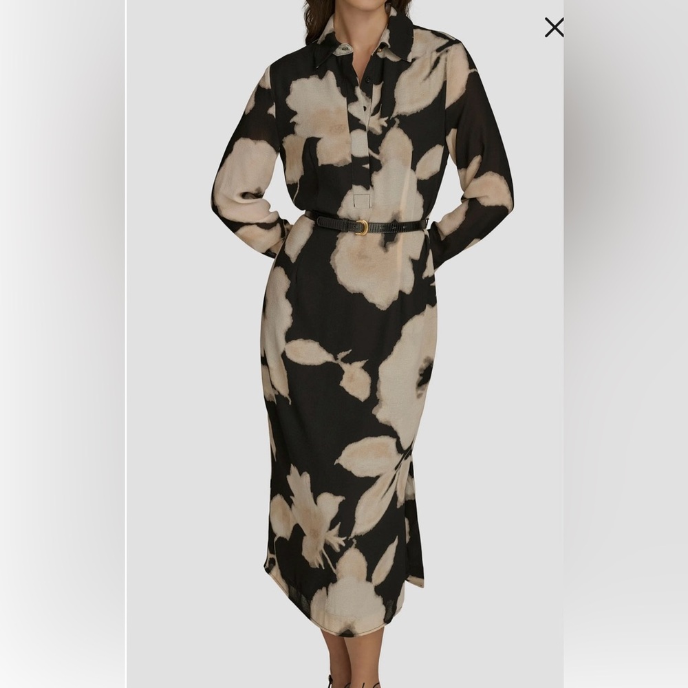 Donna Karan Floral Black, taupe and Cream Midi Dress with one side kick pleat. - Picture 3 of 9